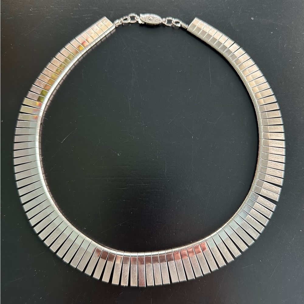 Vintage Egyptian Revival Cleopatra Collar Necklace Silver Tone Metal Fringe